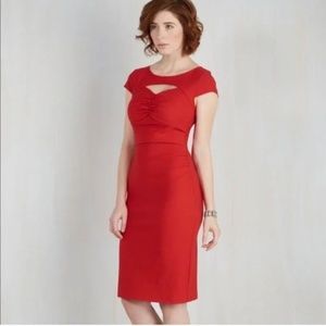 ModCloth Red ruched Midi pencil dress